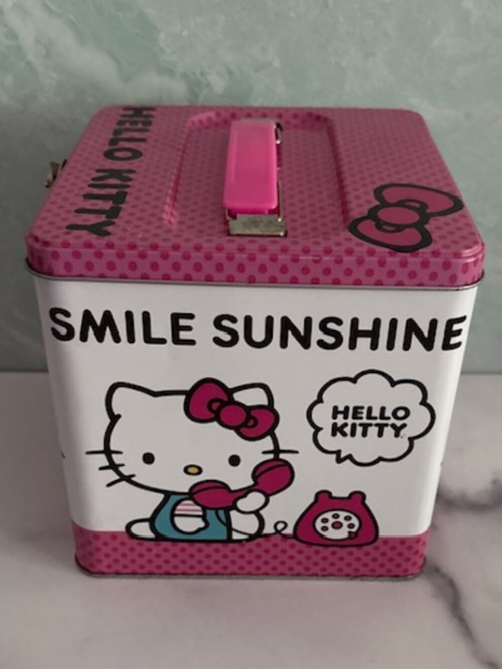 HELLO KITTY Tin Box Adorable Smile Sunshine Storage Kids Room Office Kitchen